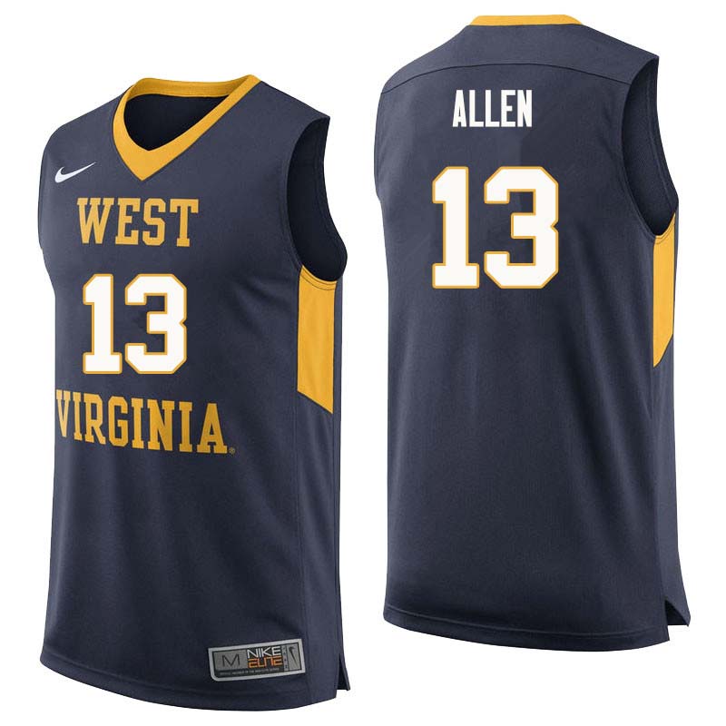 Men #13 Teddy Allen West Virginia Mountaineers College Basketball Jerseys Sale-Navy
